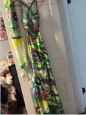 Vibrant Green & Yellow Printed Halter Prom Dress with Beaded Bodice